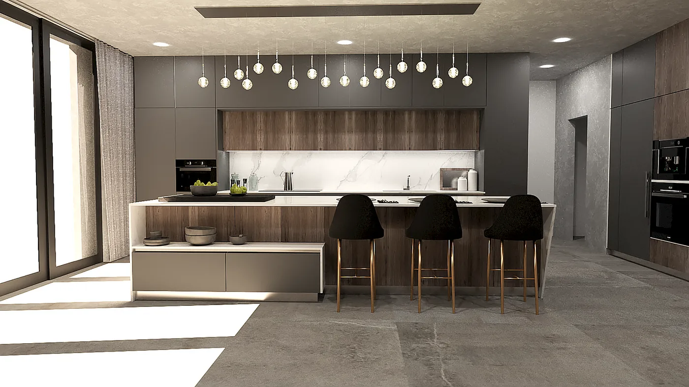 Kitchen concept - dark island with pendant cluster