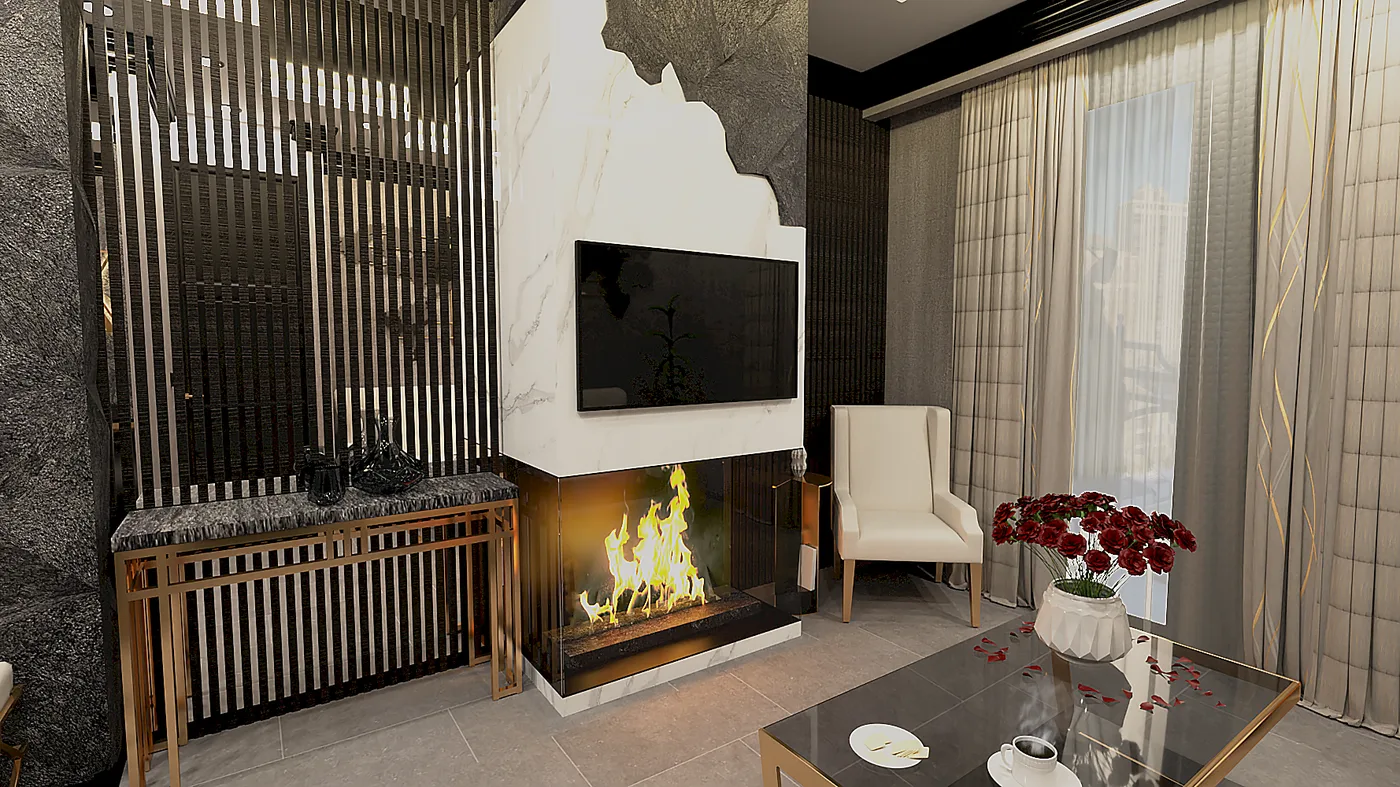 Living concept - sculpted marble fireplace