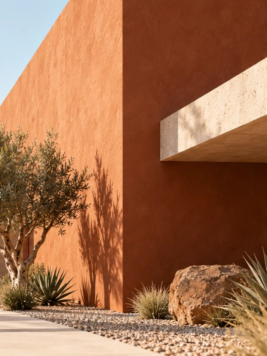 Desert-modern Arizona architecture with terracotta stucco, natural stone and native landscaping